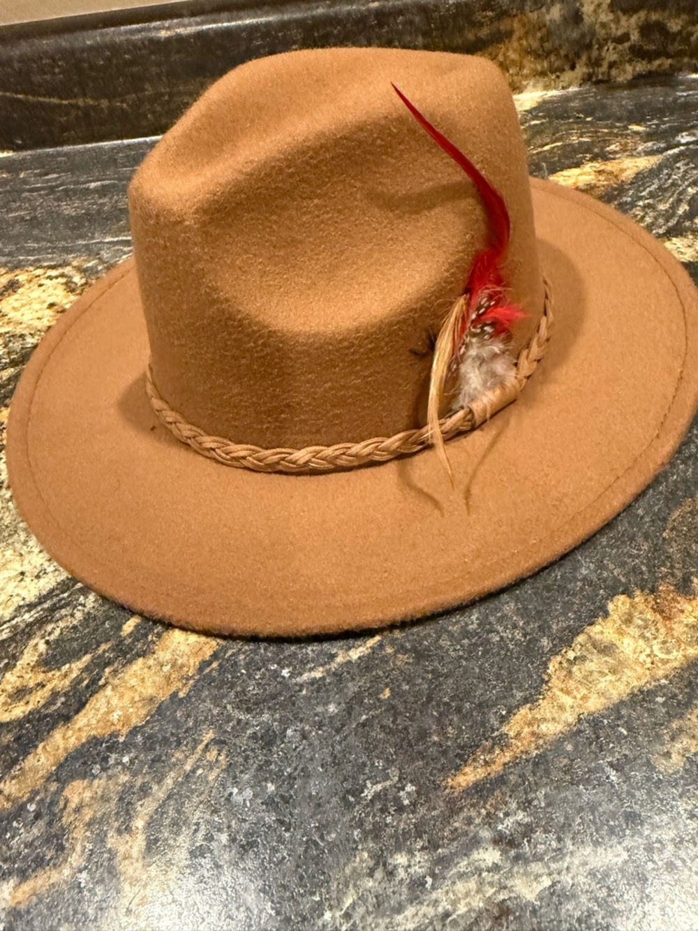 Camel Felt Fedora with Feather Accent